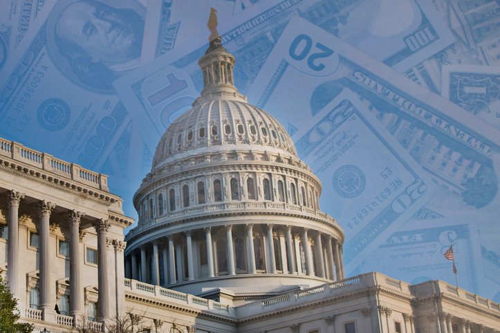 Photo of U.S. currency overlaying a photo of the U.S. Capitol.