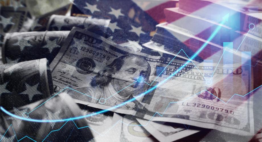 american flag with 100 dollar bill and rising graph overlaid