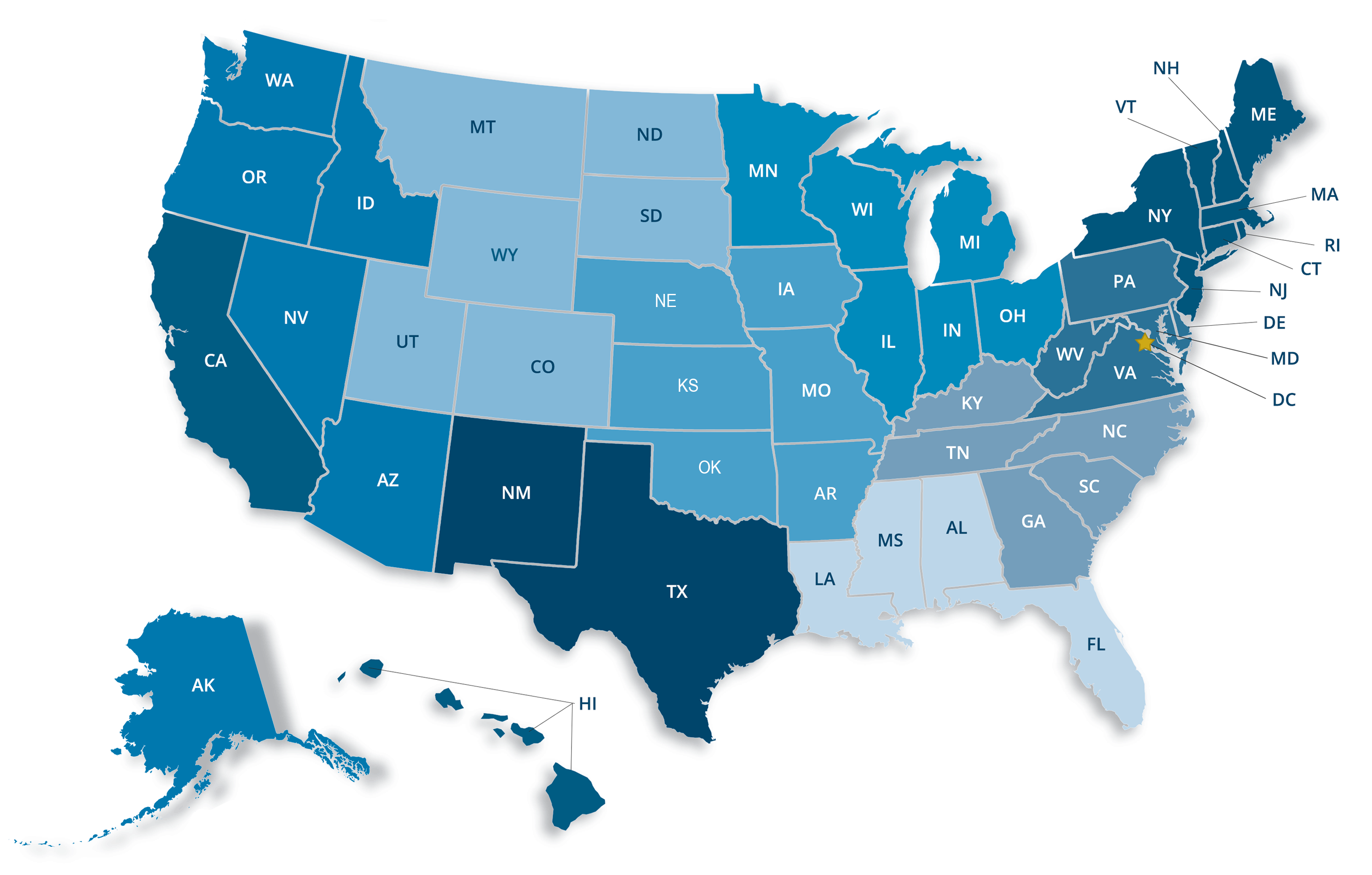 Clickable map of the United States.