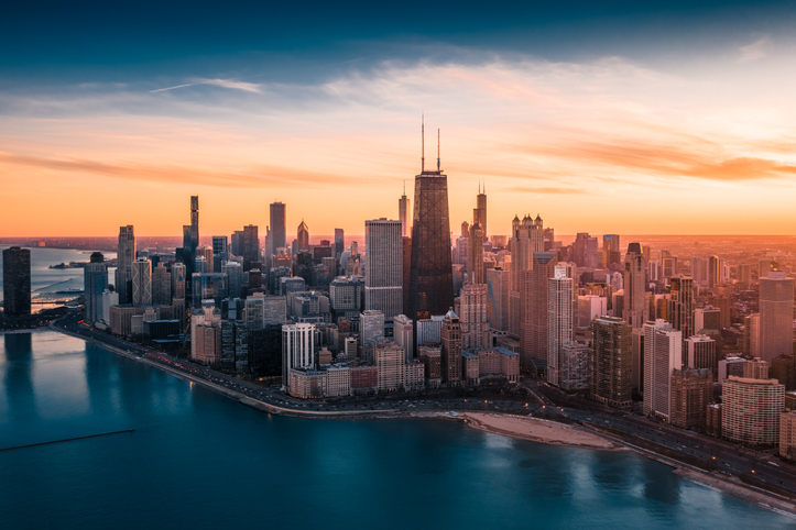 View of the Chicago skyline at sunset.
