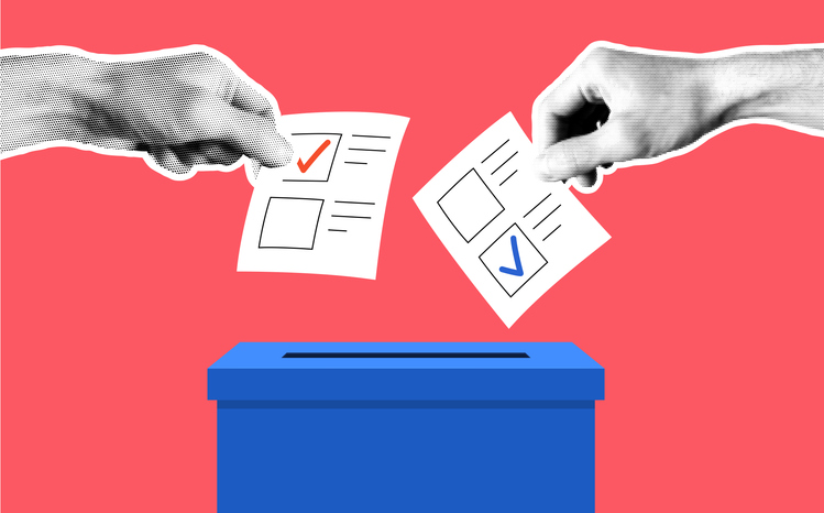 Graphic of voters dropping ballot measures into a ballot box.