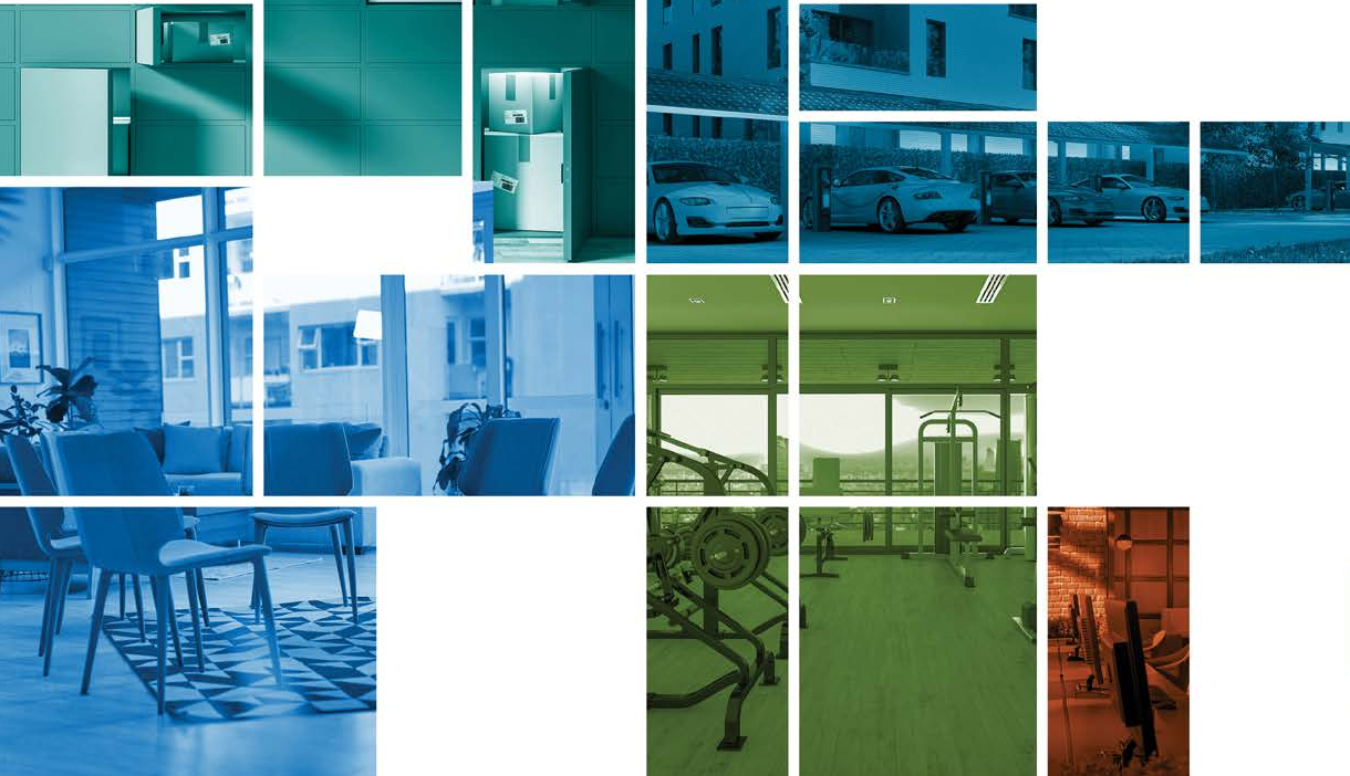 colored blocks with photos of amenity spaces in apartment buildings