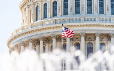 Photo of the U.S. Capitol with U.S. flag waving.