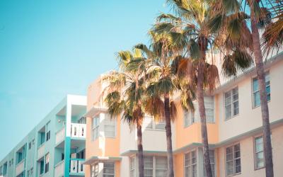 beachside apartments with palm trees in front