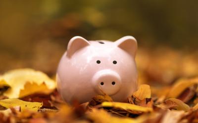 piggy bank on a pile of autumn leaves