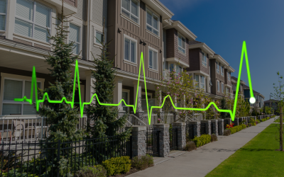 apartment exterior with heart monitor graph overlaid