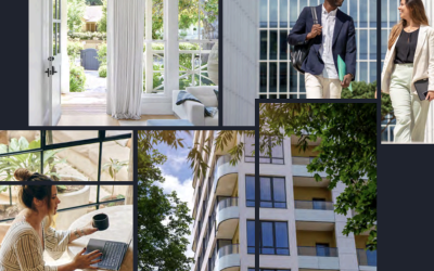 multiple images of apartment buildings and community members