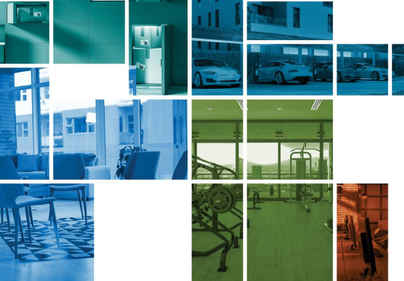 colored blocks with photos of amenity spaces in apartment buildings