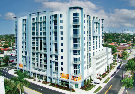 Ariel view of apartment building.