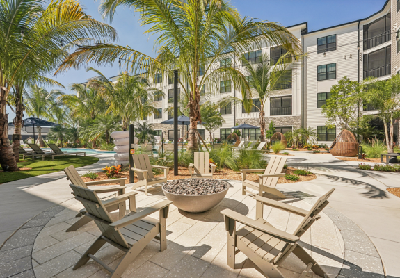 The community courtyard of an apartment complex