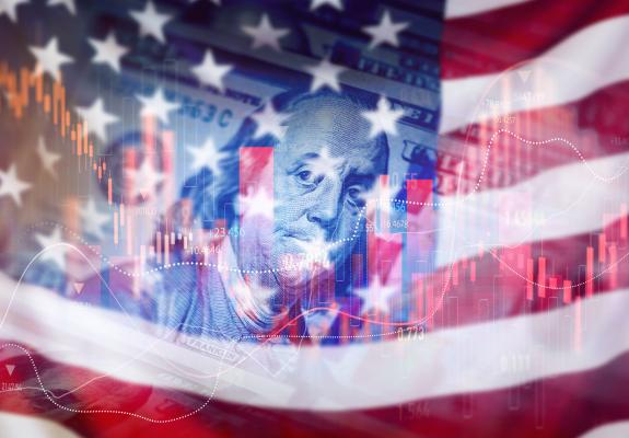 american flag with graph and 100 dollar bill overlaid