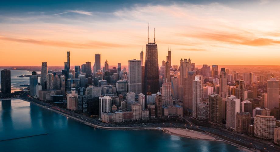 View of the Chicago skyline at sunset.