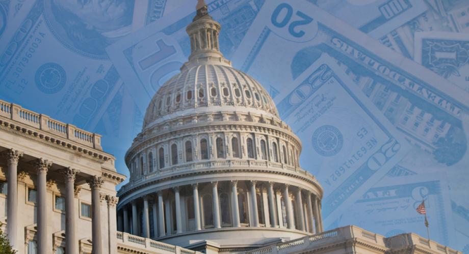 Photo of U.S. currency overlaying a photo of the U.S. Capitol.