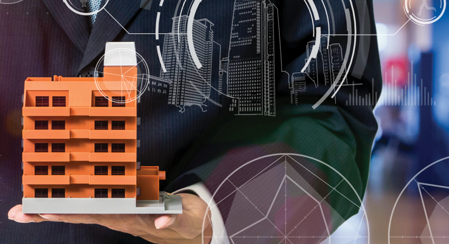 man holding apartment building model, with overlay of tech graphics
