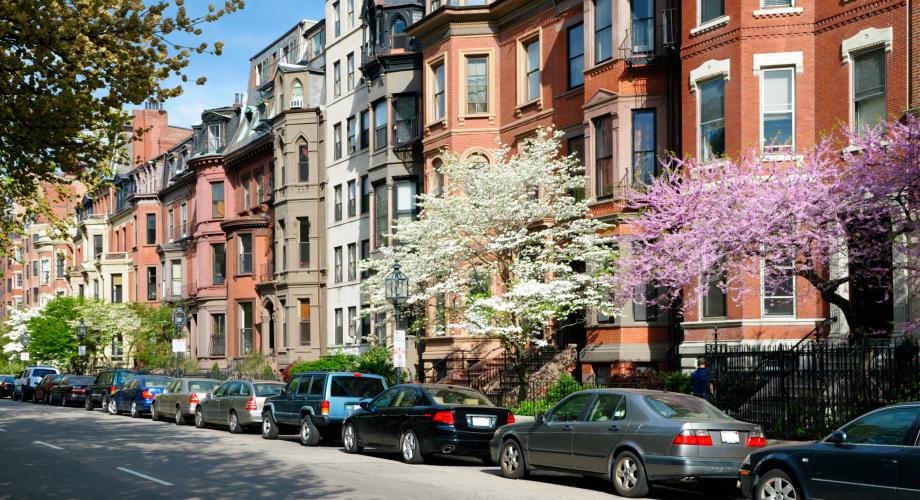 street of brownstones with blooming trees 