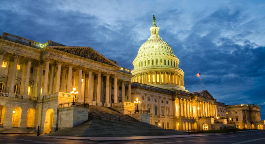 Photo of the U.S. Capitol at night.