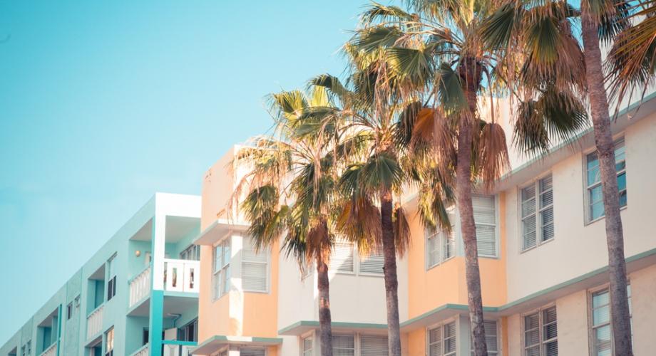 beachside apartments with palm trees in front