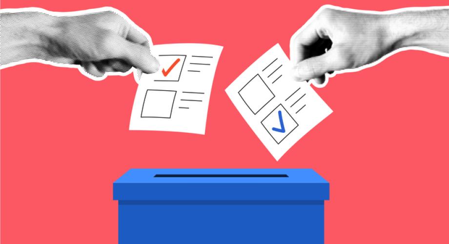 Graphic of voters dropping ballot measures into a ballot box.