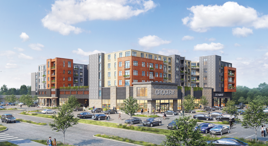 modern apartment building with a grocery store on the ground floor