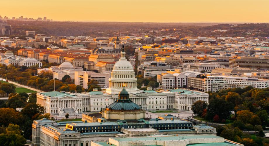 Aerial view of Washington, D.C. featuring the U.S. Capitol building.