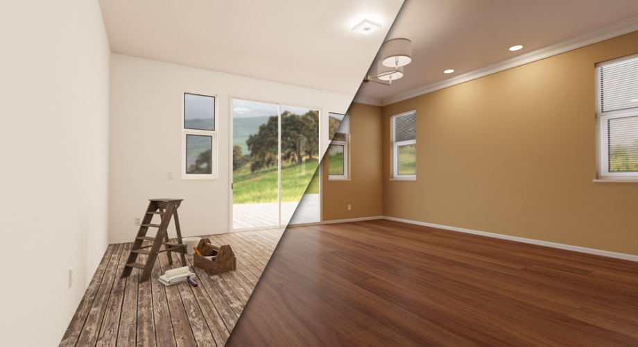 Before and after of renovated apartment.