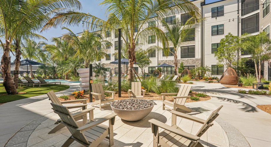 The community courtyard of an apartment complex