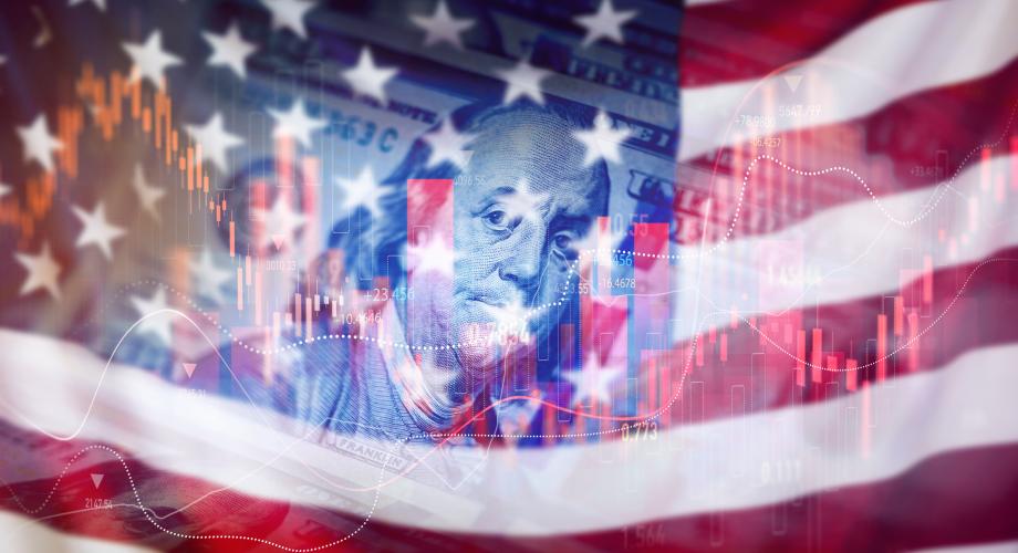american flag with graph and 100 dollar bill overlaid