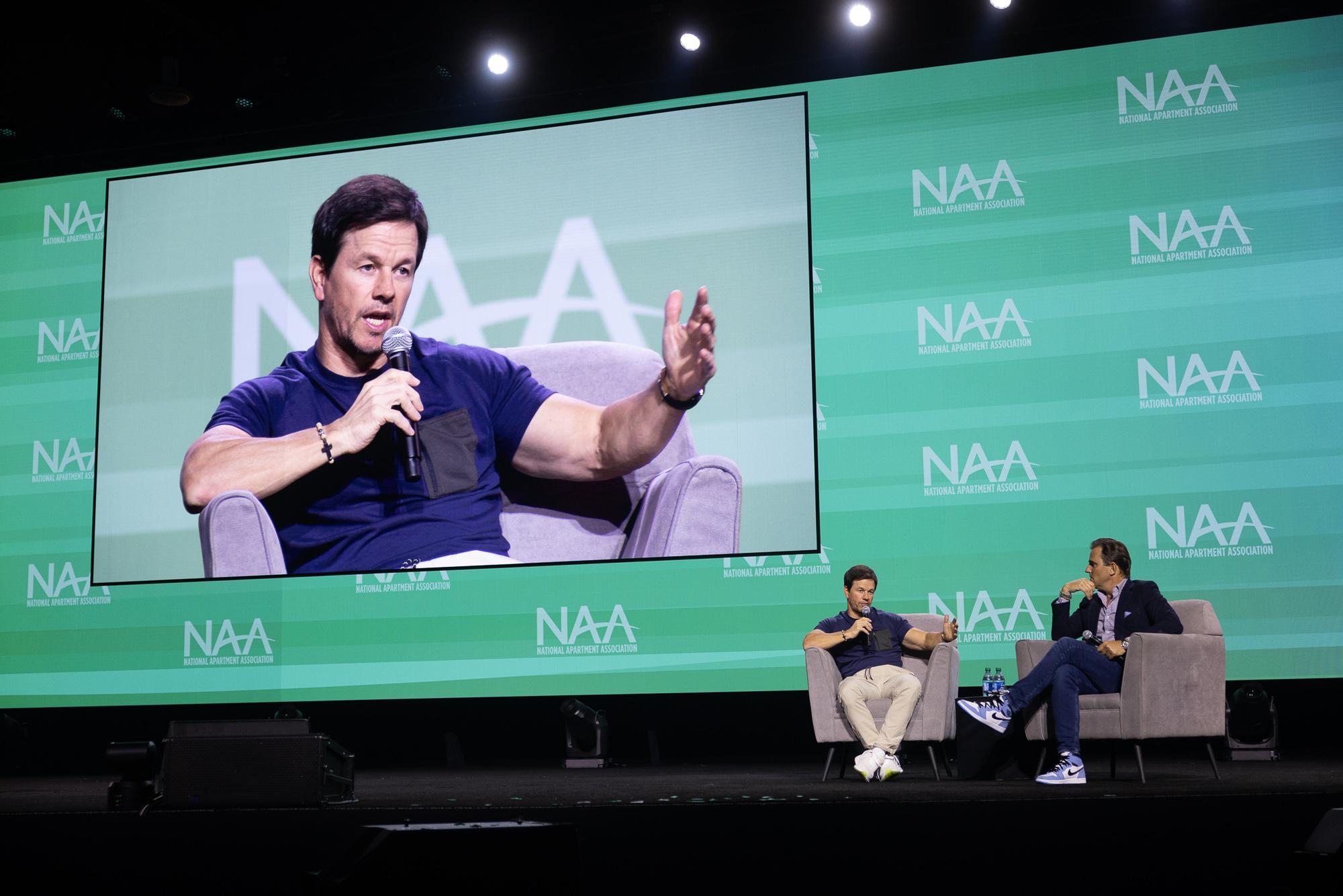 Apartmentalize Closing General Session Keynote Speaker and acting legend Mark Wahlberg with Emcee and entrepreneur Bill Rancic.