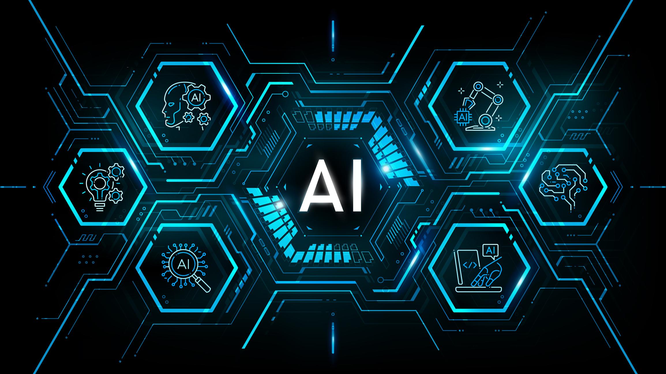 An AI symbol with a background of computer-centric icons