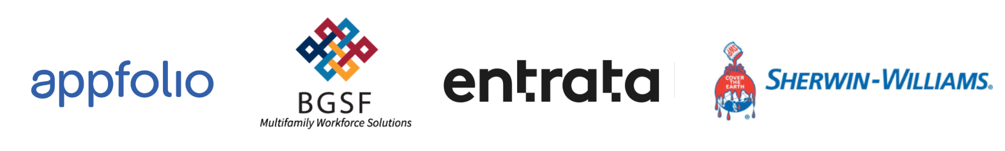 appfolio, BGSF, entrata, and sherwin williams logos
